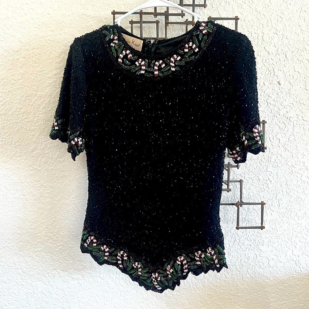 Vintage Laurence Kazar Beaded Candy Cane Holiday Blouse | Small Petite